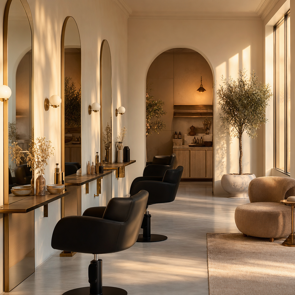 An elegant, empty salon studio at golden hour with arched mirrors and matte black chairs