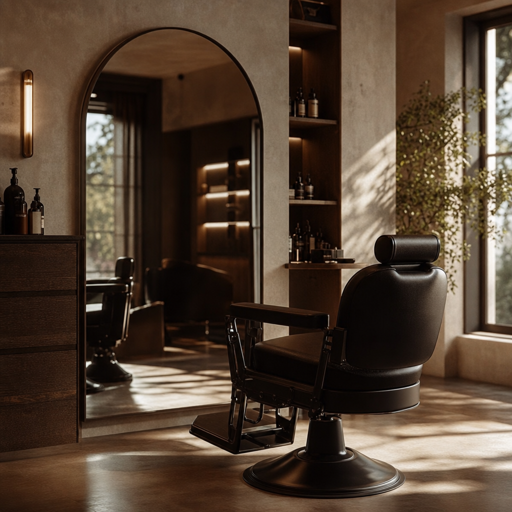 Premium salon interior with a matte black barber chair beside a large arched mirror