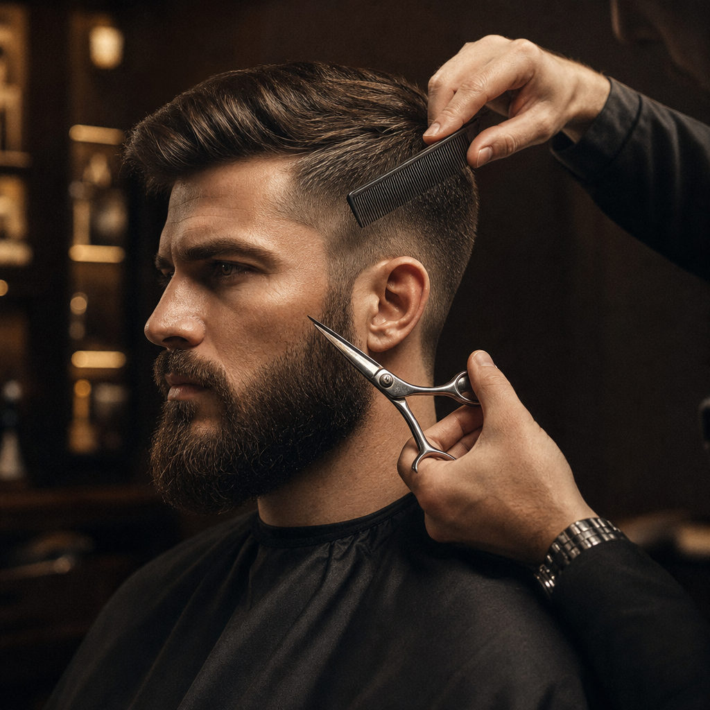 Man receiving a precise haircut and beard trim in a luxury barber studio