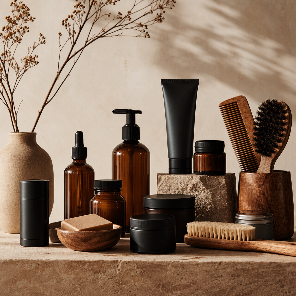 Premium grooming and beauty products arranged on a stone shelf
