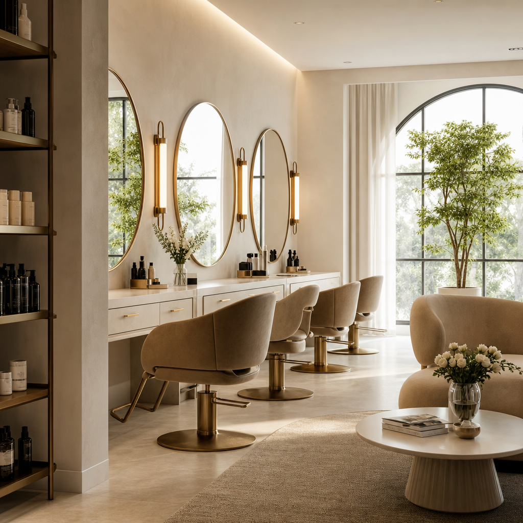Refined boutique salon interior with styling stations and round mirrors